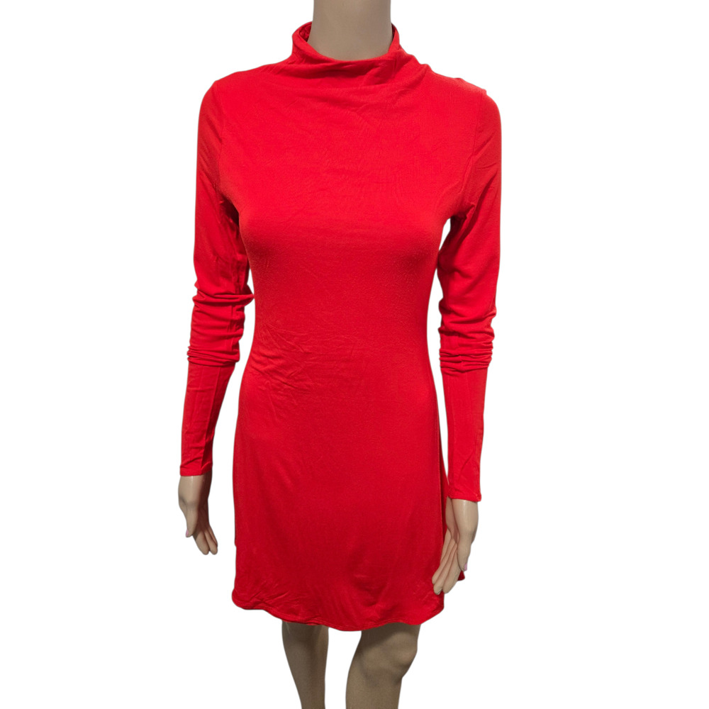 Naked wardrobe medium red long sleeve high neck thin dress flare